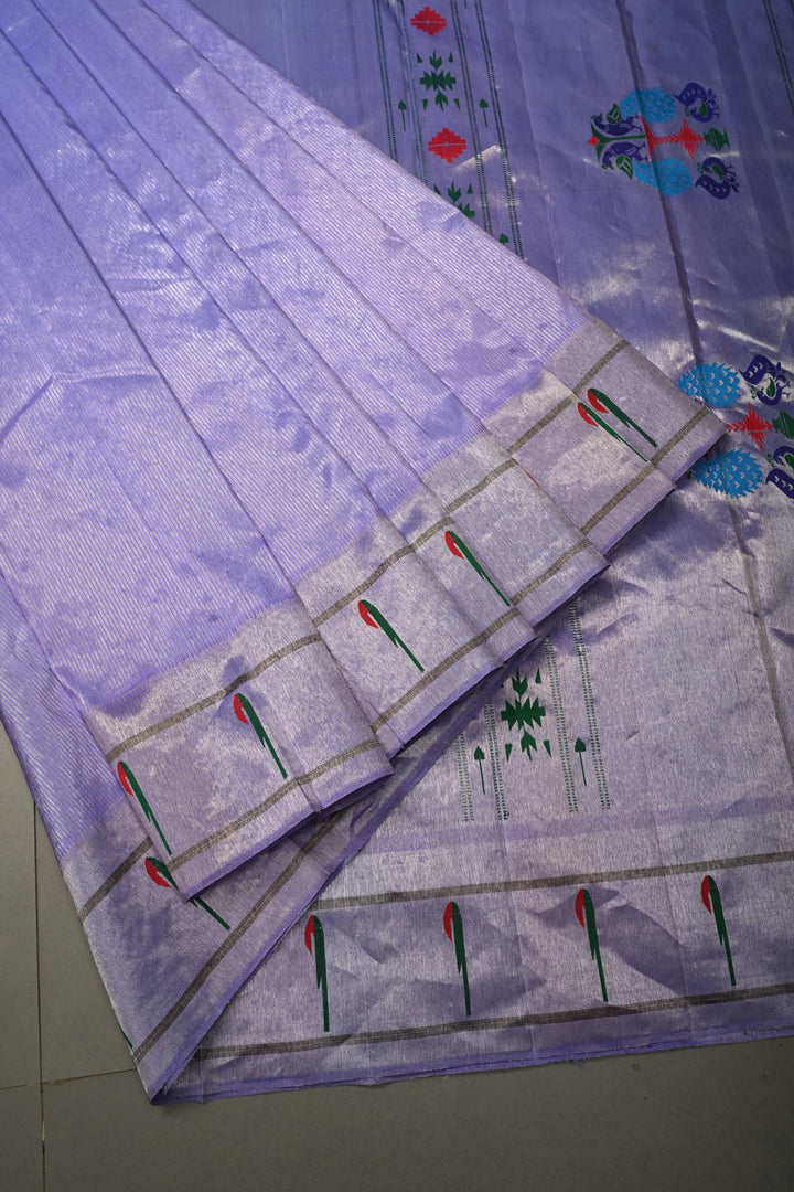Lavender-Silver Gadwal Paithani Inspired Handloom Tissue Stripes Silk Saree with Single Muniya Borders and Peacock Motifs on Pallu | SILK MARK CERTIFIED