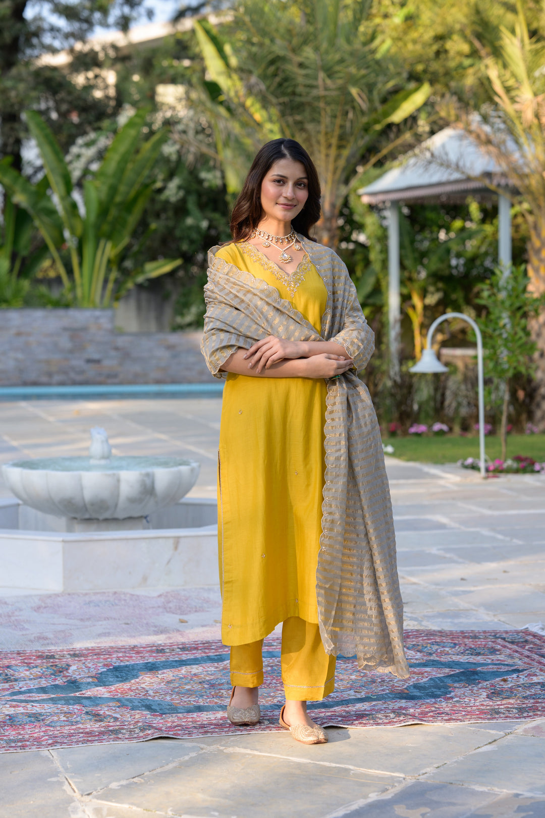 Mustard Mul Chanderi Kurta with dabka work and lurex Zari Dupatta-SET OF-3 | SHOBITAM