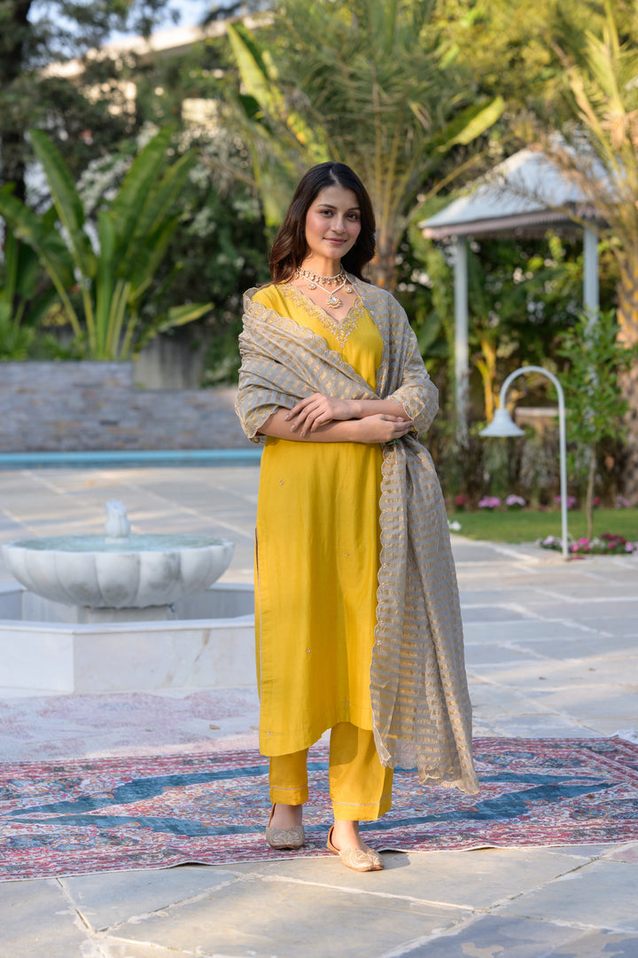 Mustard Mul Chanderi Kurta with dabka work and lurex Zari Dupatta-SET OF-3 | SHOBITAM