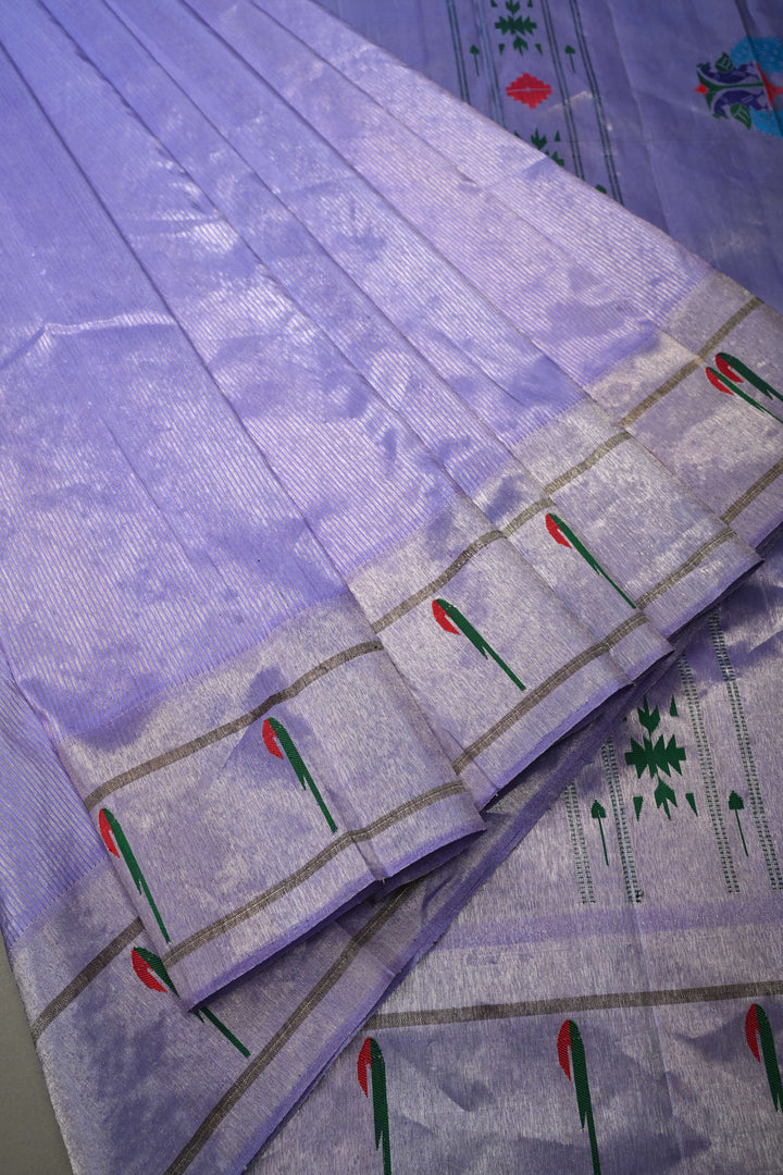 Lavender-Silver Gadwal Paithani Inspired Handloom Tissue Stripes Silk Saree with Single Muniya Borders and Peacock Motifs on Pallu | SILK MARK CERTIFIED