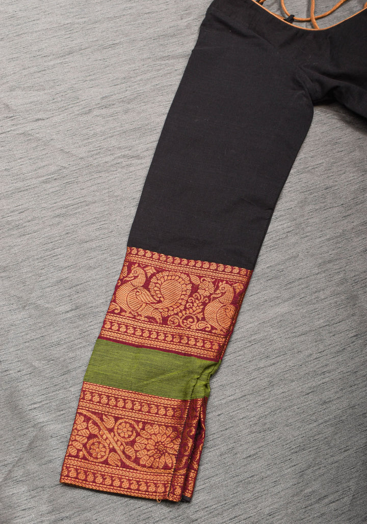 Charming Black Kanchi Cotton Blouse with 3/4th Sleeves, Zari detailing and Criss cross   , Made to Order