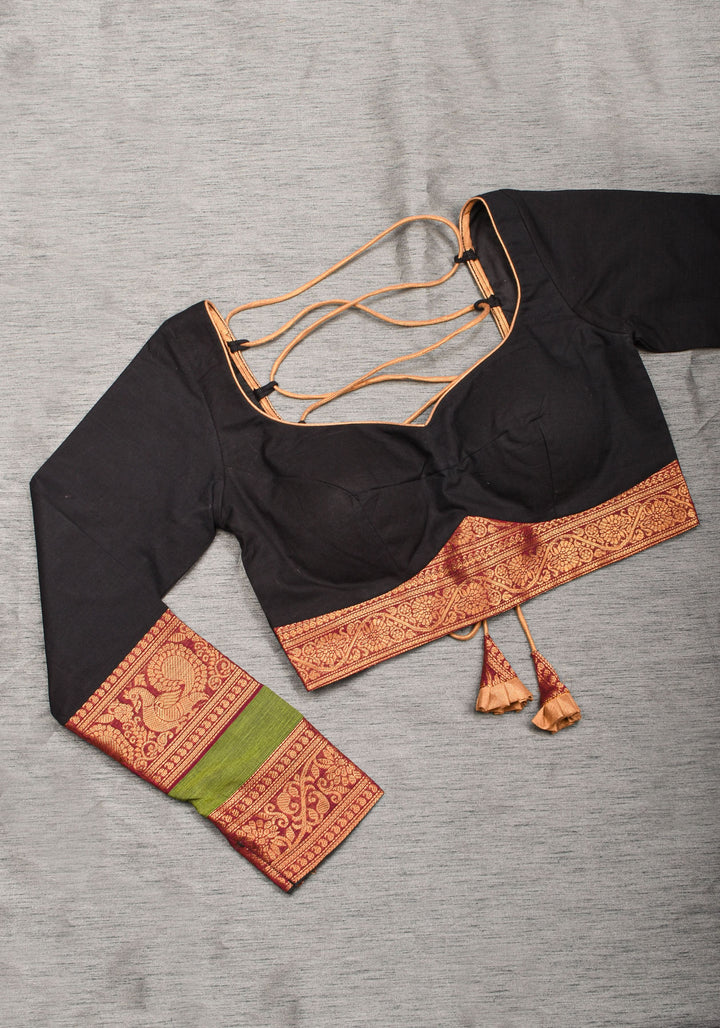 Charming Black Kanchi Cotton Blouse with 3/4th Sleeves, Zari detailing and Criss cross   , Made to Order