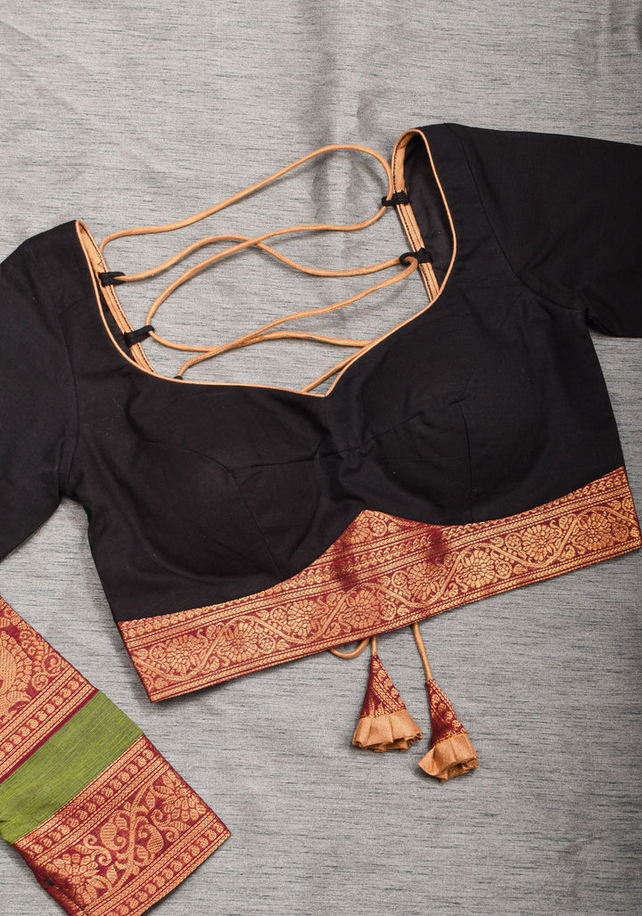 Charming Black Kanchi Cotton Blouse with 3/4th Sleeves, Zari detailing and Criss cross   , Made to Order