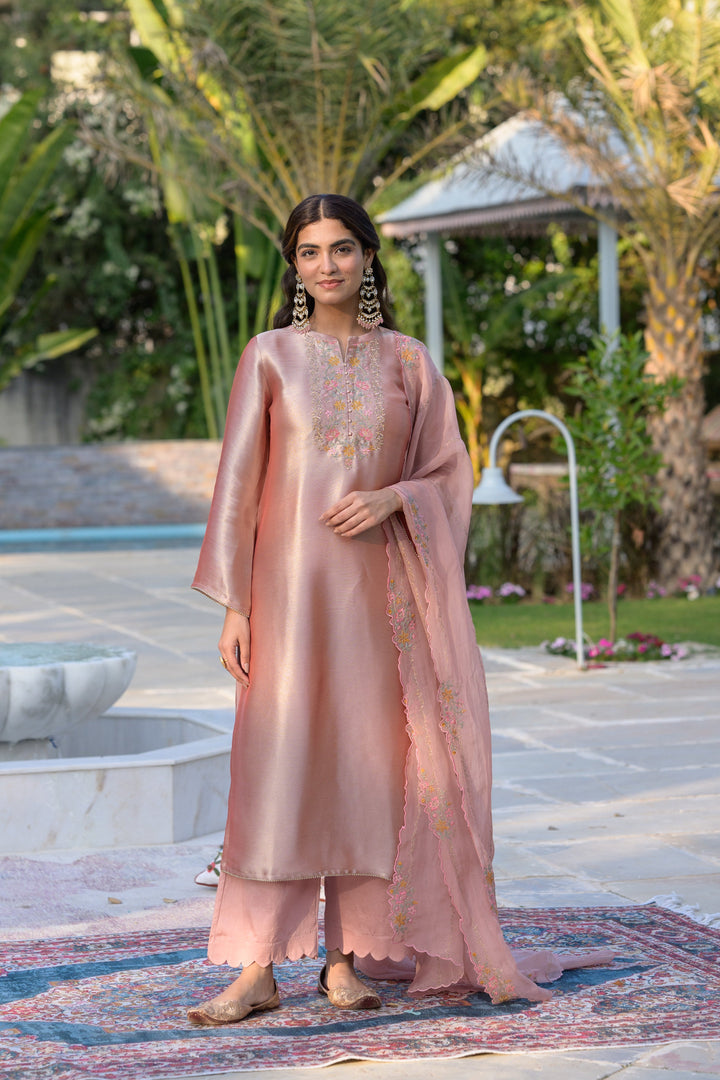 Golden Rose Pastel Pink Thread Embroidery with cut work and scallop embroidered border Suit Set | SHOBITAM