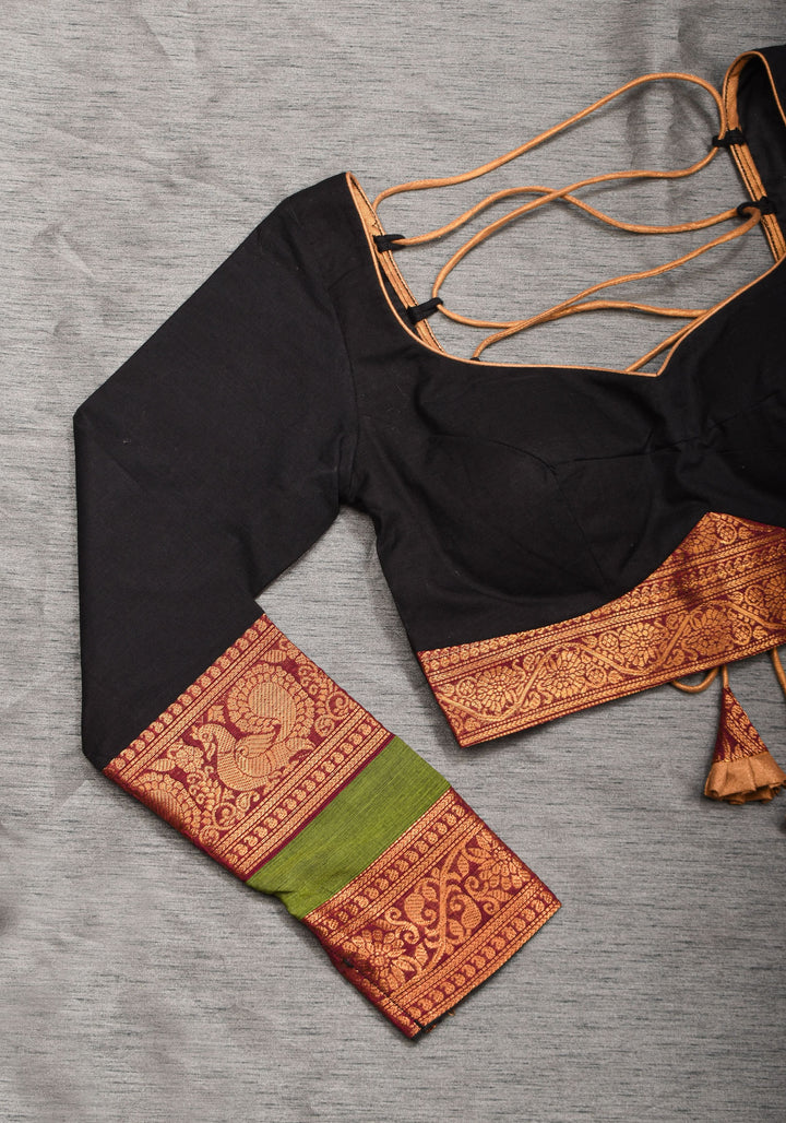 Charming Black Kanchi Cotton Blouse with 3/4th Sleeves, Zari detailing and Criss cross   , Made to Order