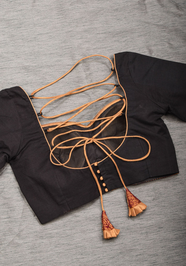 Charming Black Kanchi Cotton Blouse with 3/4th Sleeves, Zari detailing and Criss cross   , Made to Order