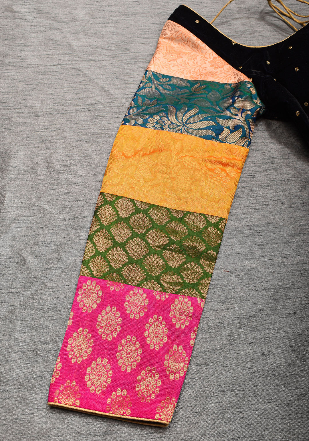Statement Patchwork Pure Kanjivaram Silk Brocade and Midnight Blue Velvet Blouse  , Made to Order