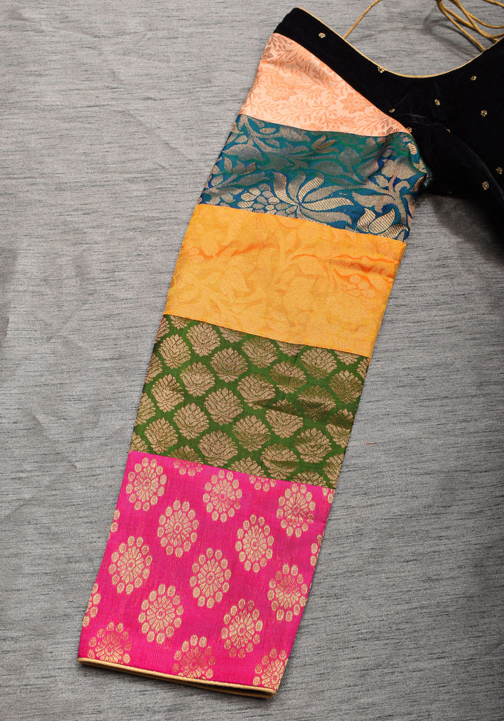 Statement Patchwork Pure Kanjivaram Silk Brocade and Midnight Blue Velvet Blouse  , Made to Order
