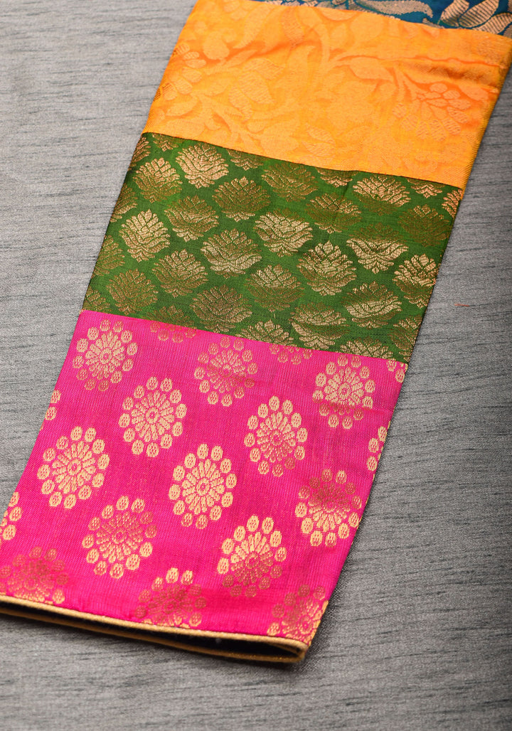 Statement Patchwork Pure Kanjivaram Silk Brocade and Midnight Blue Velvet Blouse  , Made to Order