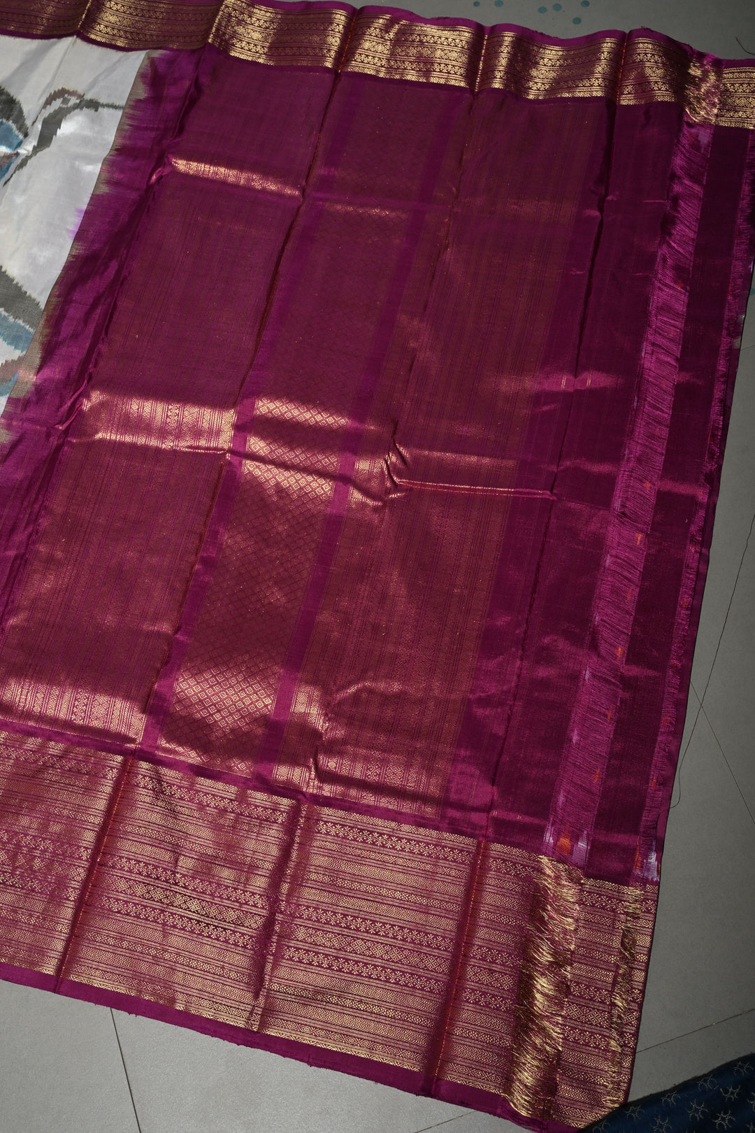 Ivory Ikkat Kanjivaram Fusion Silk Saree with Birds Buttas and Contrast Zari Border | SILK MARK CERTIFIED | SHOBITAM