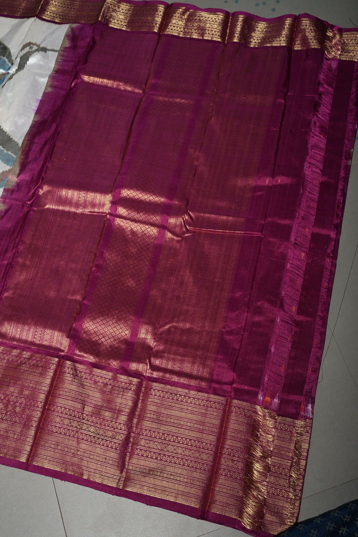 Ivory Ikkat Kanjivaram Fusion Silk Saree with Birds Buttas and Contrast Zari Border | SILK MARK CERTIFIED | SHOBITAM