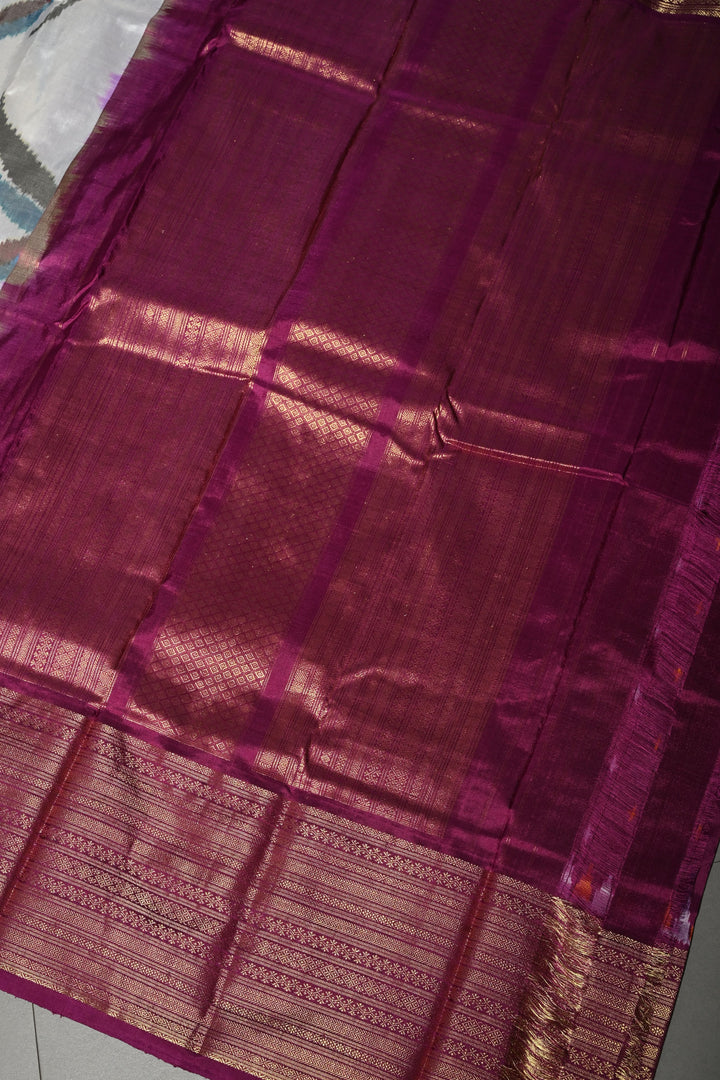 Ivory Ikkat Kanjivaram Fusion Silk Saree with Birds Buttas and Contrast Zari Border | SILK MARK CERTIFIED | SHOBITAM