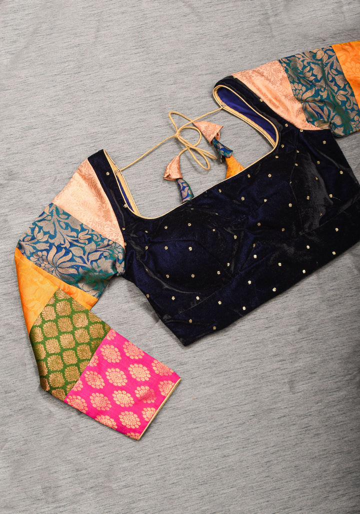 Statement Patchwork Pure Kanjivaram Silk Brocade and Midnight Blue Velvet Blouse  , Made to Order
