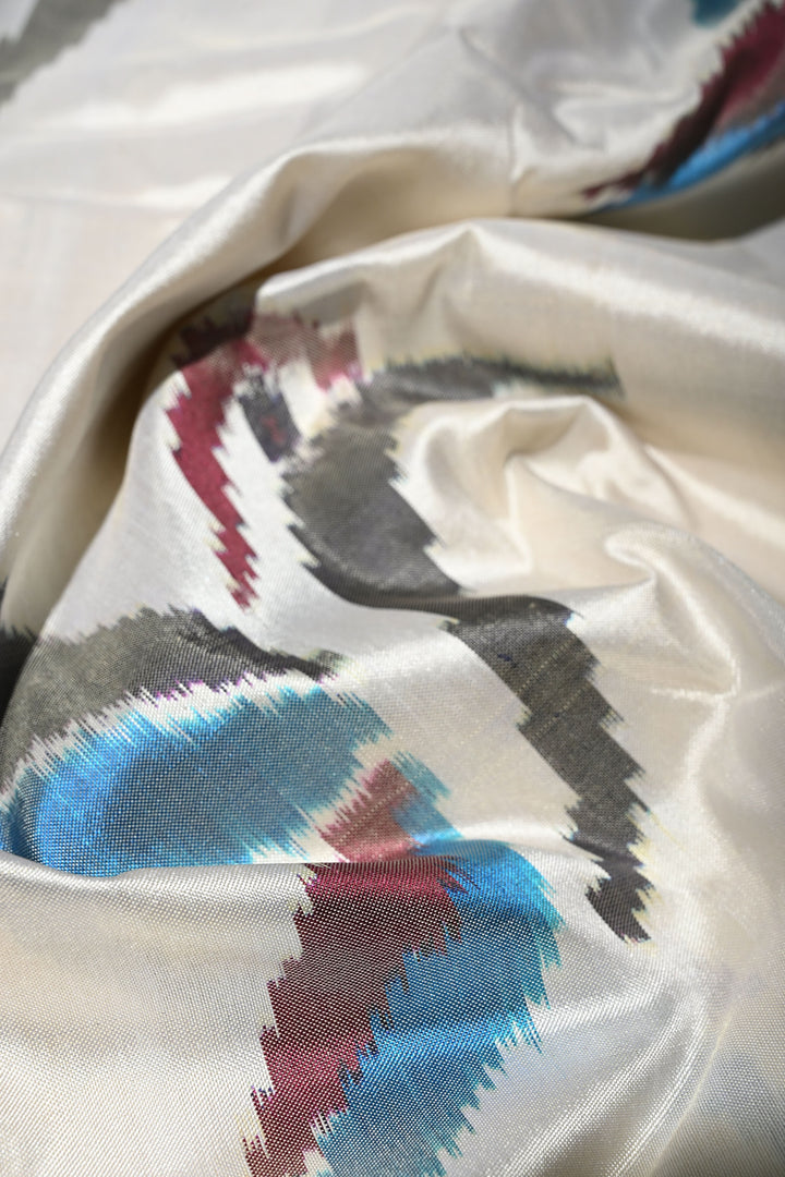 Ivory Ikkat Kanjivaram Fusion Silk Saree with Birds Buttas and Contrast Zari Border | SILK MARK CERTIFIED | SHOBITAM