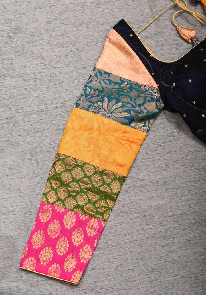 Statement Patchwork Pure Kanjivaram Silk Brocade and Midnight Blue Velvet Blouse  , Made to Order