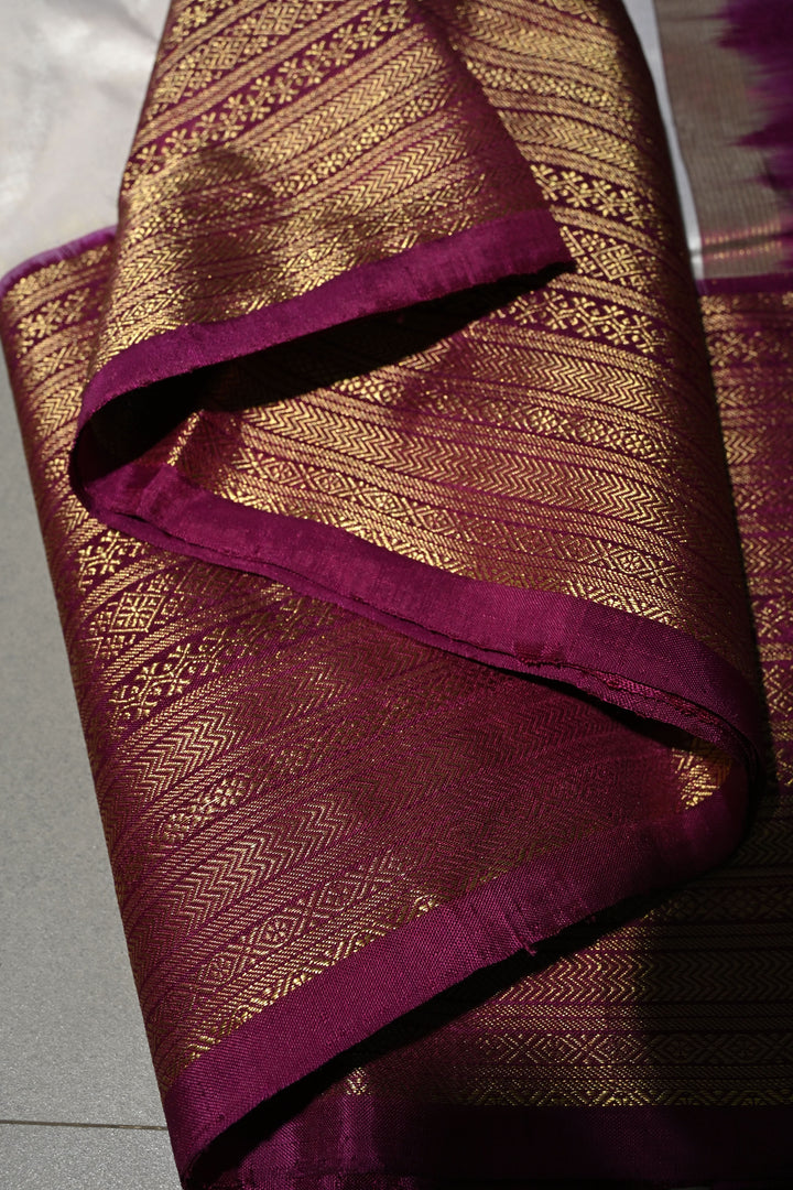 Ivory Ikkat Kanjivaram Fusion Silk Saree with Birds Buttas and Contrast Zari Border | SILK MARK CERTIFIED | SHOBITAM
