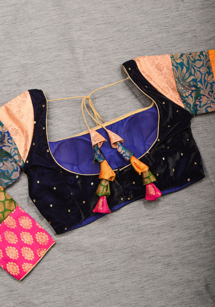 Statement Patchwork Pure Kanjivaram Silk Brocade and Midnight Blue Velvet Blouse  , Made to Order