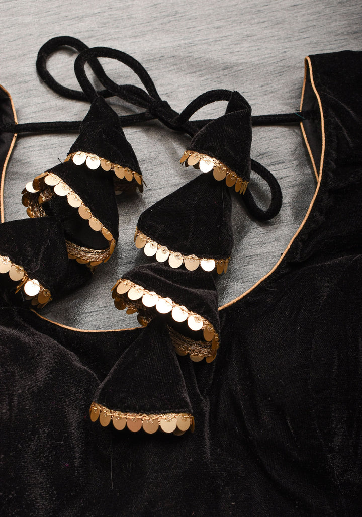 Black velvet with sequin handwork cuff Blouse, rounded V neckline,  Made to Order