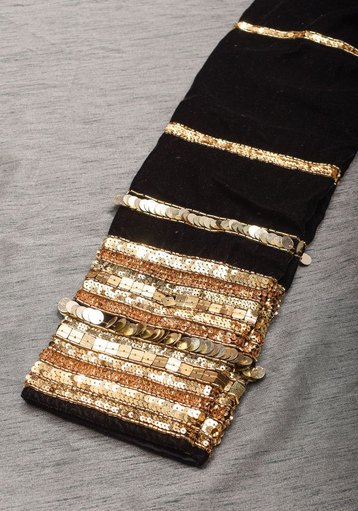 Black velvet with sequin handwork cuff Blouse, rounded V neckline,  Made to Order