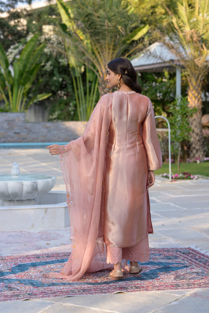 Golden Rose Pastel Pink Thread Embroidery with cut work and scallop embroidered border Suit Set | SHOBITAM