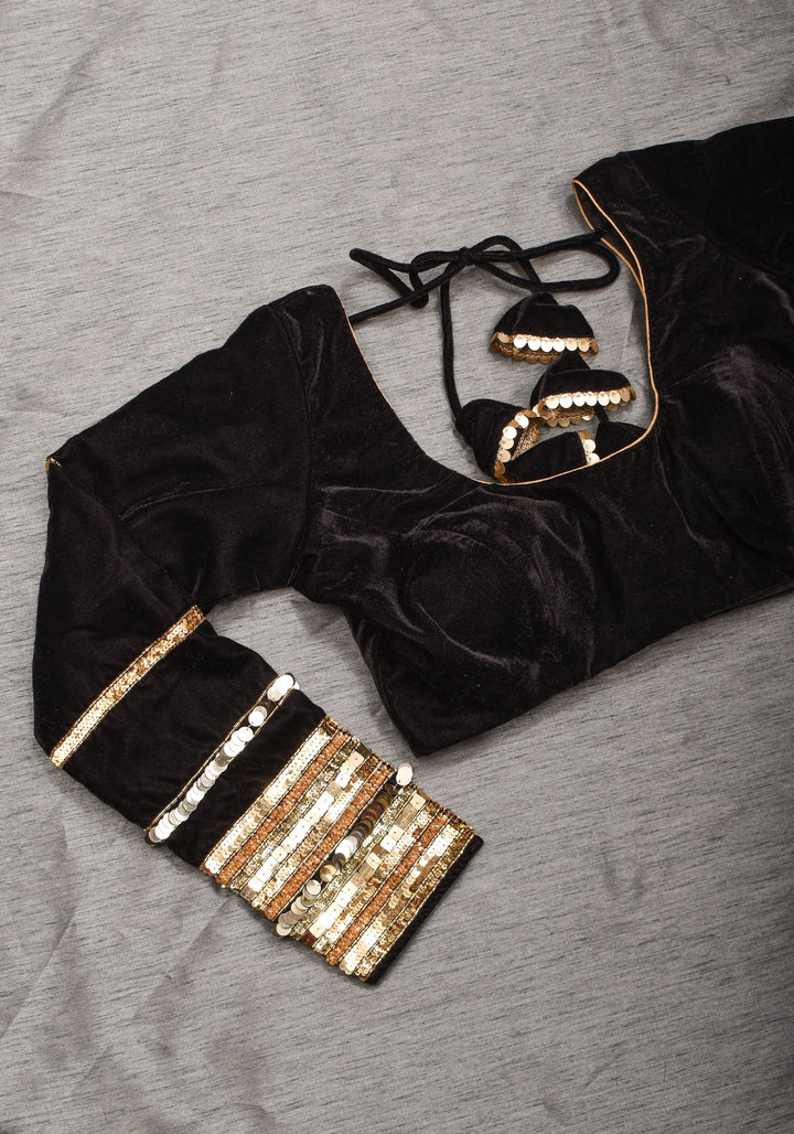 Black velvet with sequin handwork cuff Blouse, rounded V neckline,  Made to Order