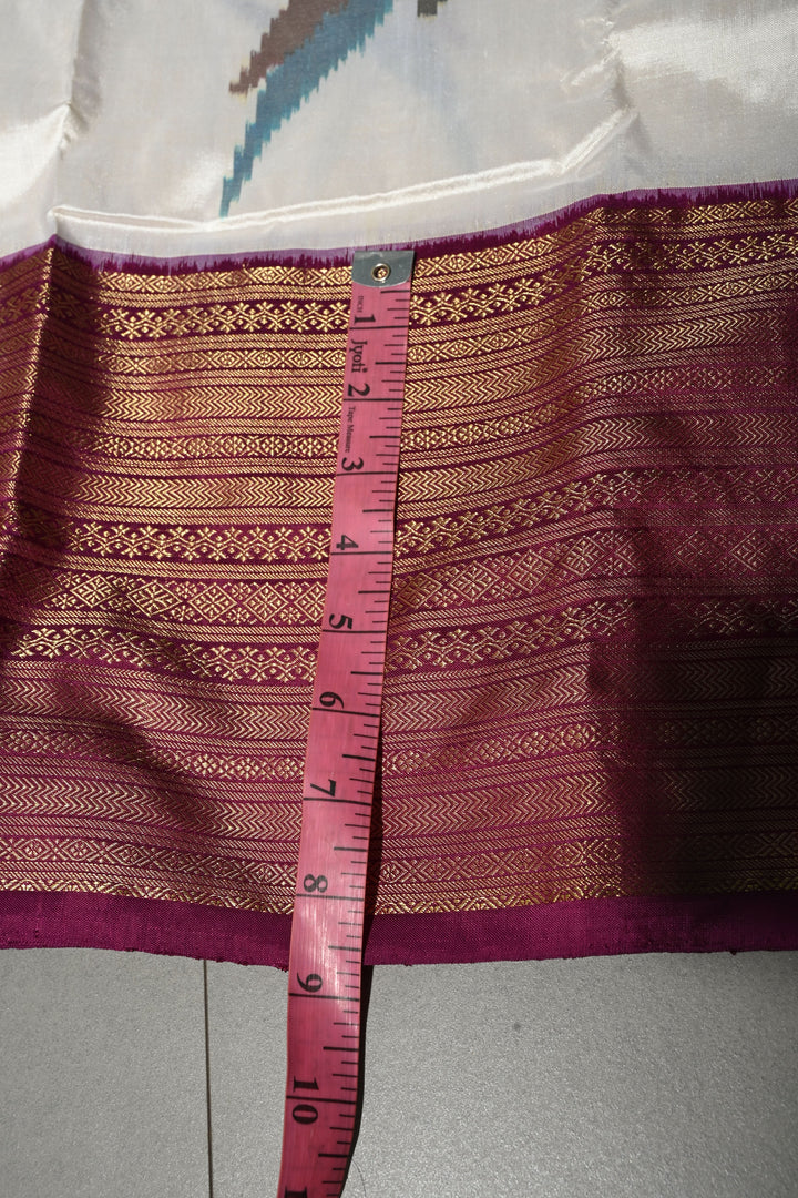 Ivory Ikkat Kanjivaram Fusion Silk Saree with Birds Buttas and Contrast Zari Border | SILK MARK CERTIFIED | SHOBITAM