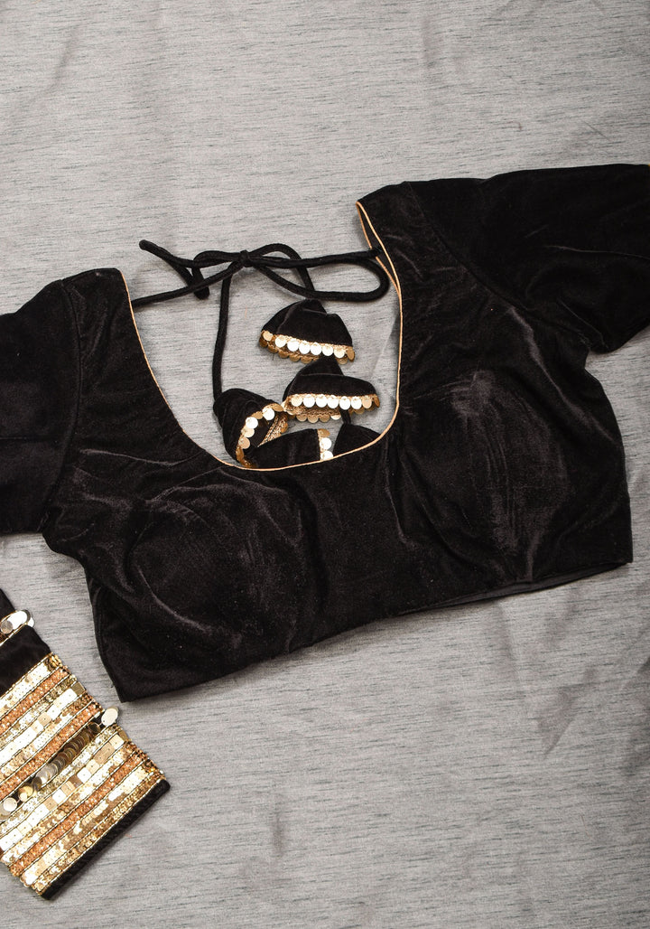 Black velvet with sequin handwork cuff Blouse, rounded V neckline,  Made to Order
