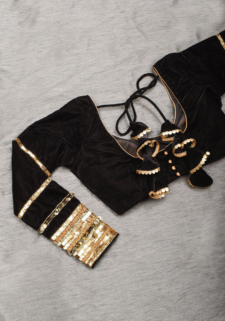 Black velvet with sequin handwork cuff Blouse, rounded V neckline,  Made to Order