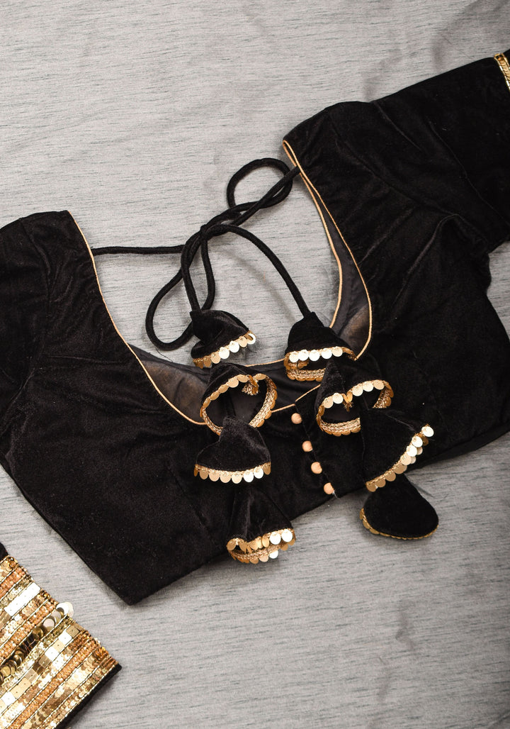 Black velvet with sequin handwork cuff Blouse, rounded V neckline,  Made to Order