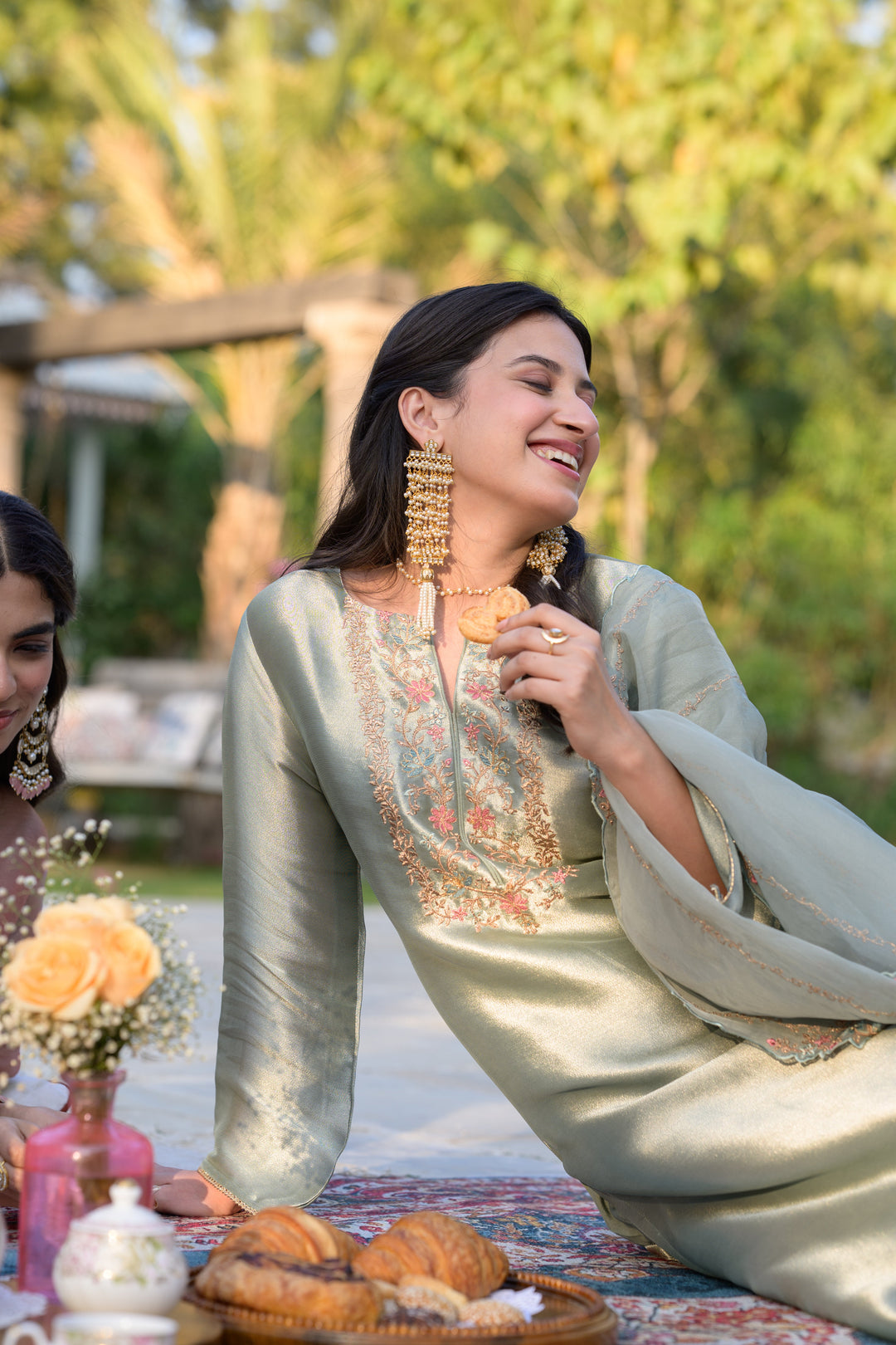 Sage Green Thread Embroidery with cut work and scallop embroidered border Suit Set | SHOBITAM