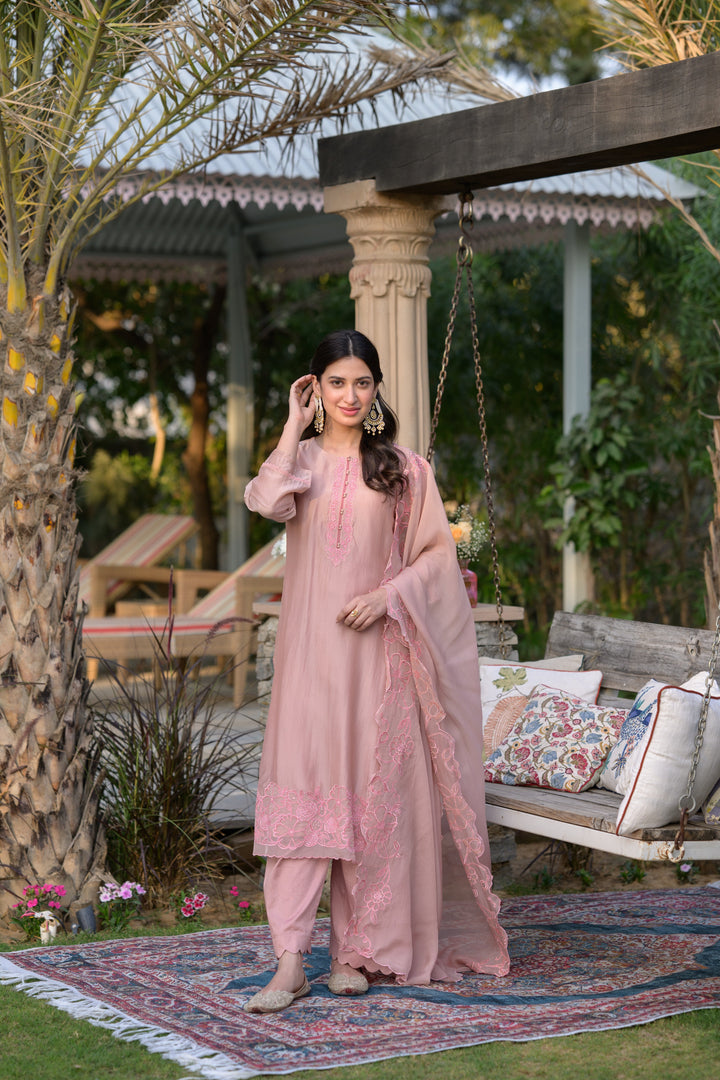 Peach Pink Organza Cut and Scallope Work with Thread Hand Work Embroidered Details -SET OF-3 | SHOBITAM