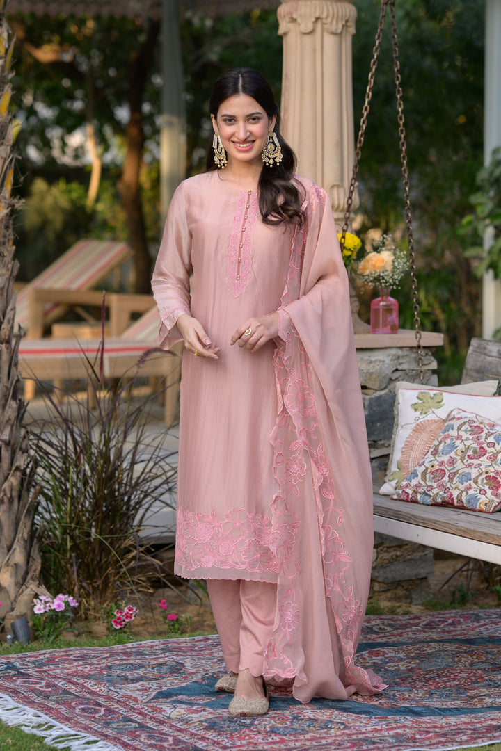 Peach Pink Organza Cut and Scallope Work with Thread Hand Work Embroidered Details -SET OF-3 | SHOBITAM