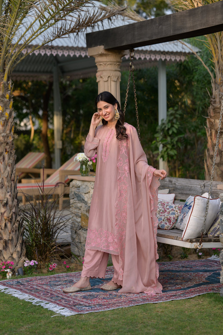 Peach Pink Organza Cut and Scallope Work with Thread Hand Work Embroidered Details -SET OF-3 | SHOBITAM