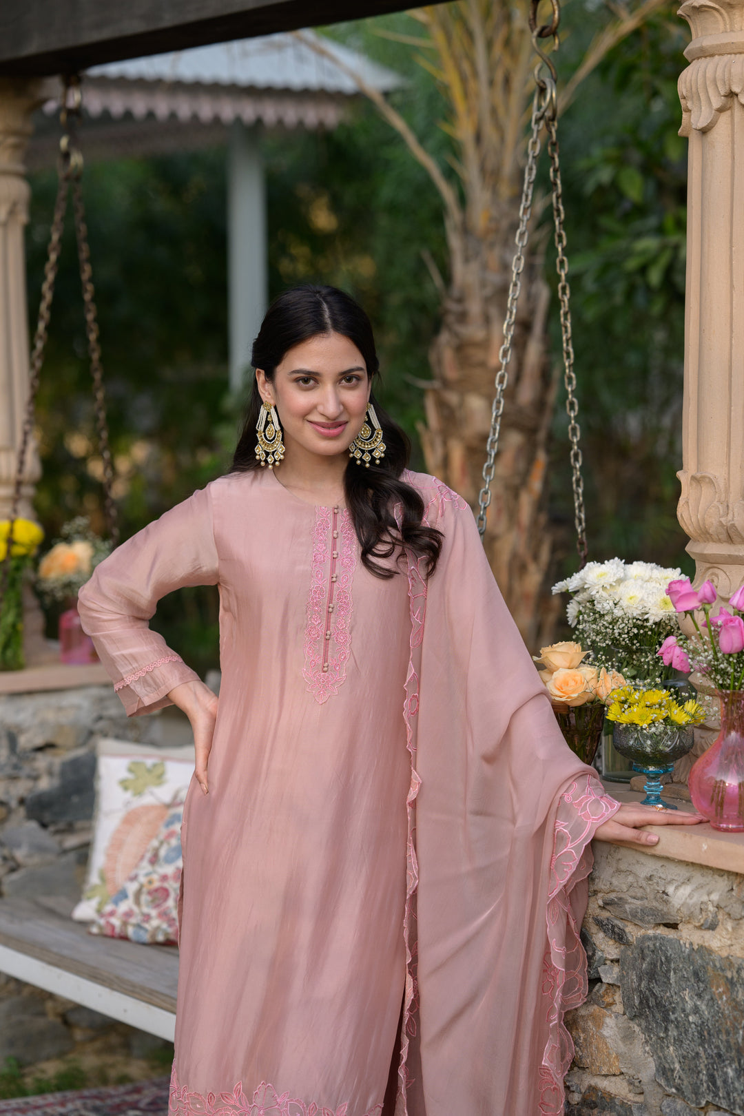 Peach Pink Organza Cut and Scallope Work with Thread Hand Work Embroidered Details -SET OF-3 | SHOBITAM