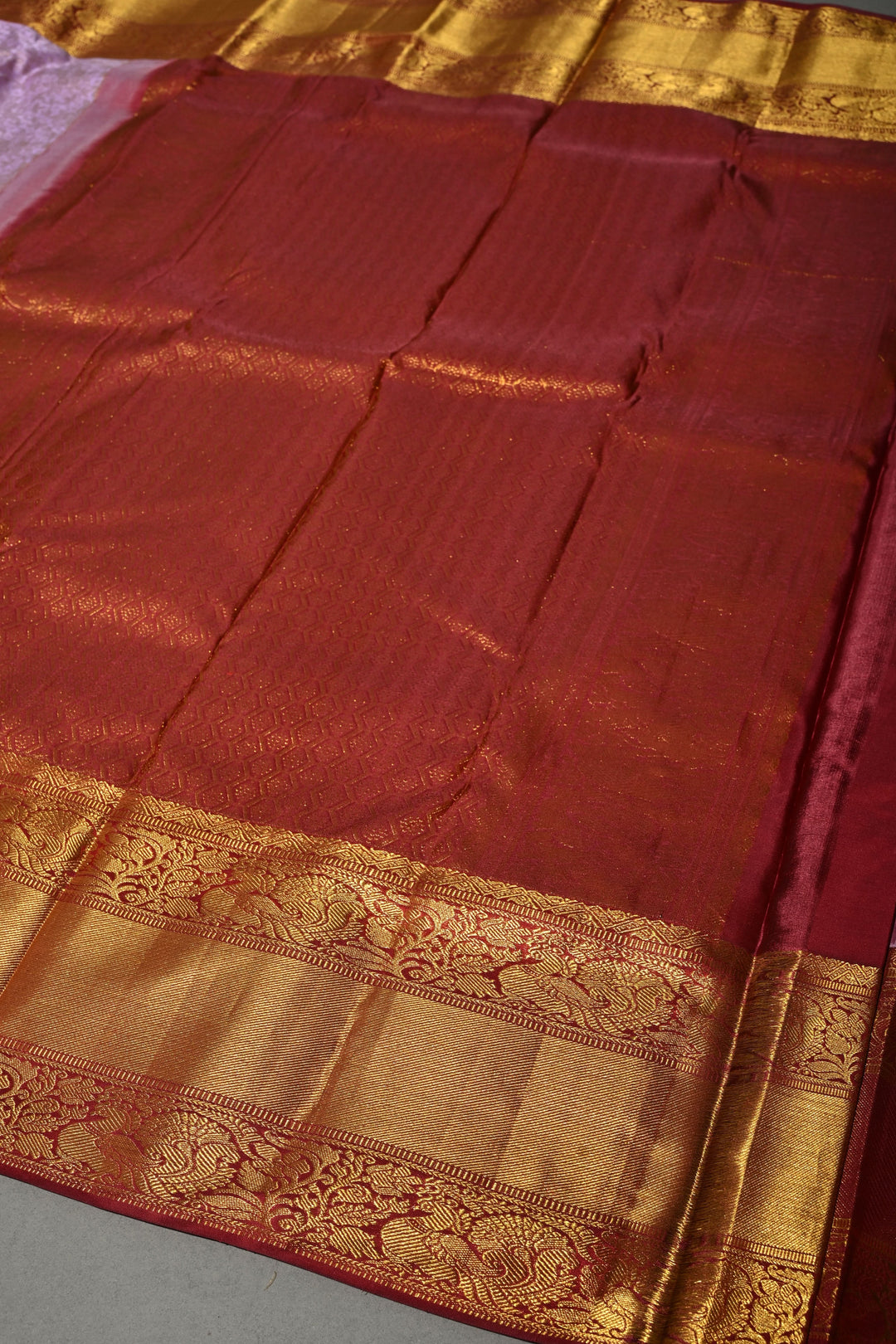 Lavender Kanjivaram Tissue Silk Saree with Meenakari Floral Brocade Jaal and Contrast Zari Border | SILK MARK CERTIFIED | SHOBITAM