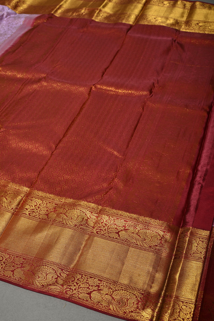 Lavender Kanjivaram Tissue Silk Saree with Meenakari Floral Brocade Jaal and Contrast Zari Border | SILK MARK CERTIFIED | SHOBITAM
