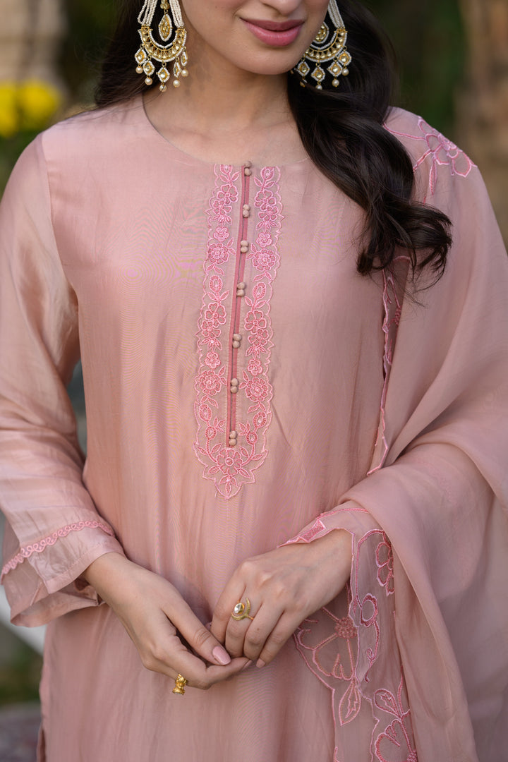 Peach Pink Organza Cut and Scallope Work with Thread Hand Work Embroidered Details -SET OF-3 | SHOBITAM