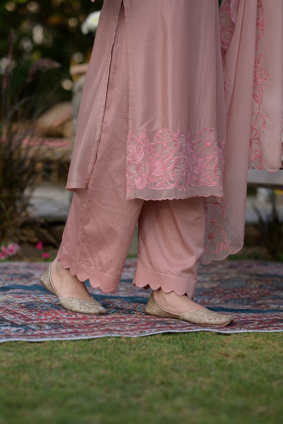 Peach Pink Organza Cut and Scallope Work with Thread Hand Work Embroidered Details -SET OF-3 | SHOBITAM