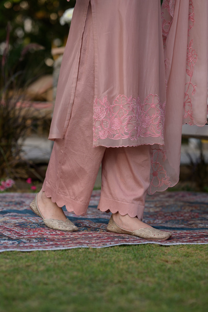 Peach Pink Organza Cut and Scallope Work with Thread Hand Work Embroidered Details -SET OF-3 | SHOBITAM