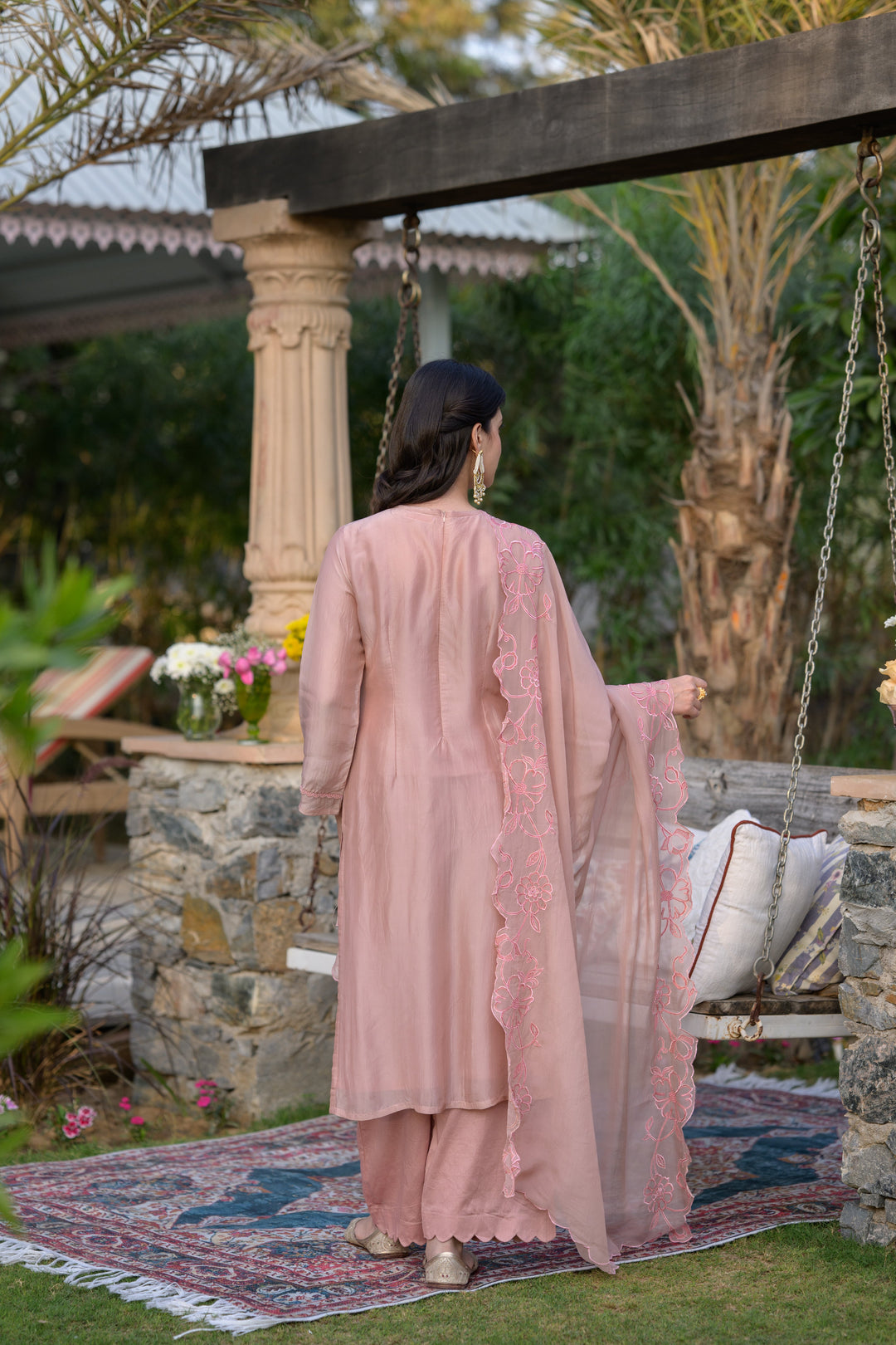 Peach Pink Organza Cut and Scallope Work with Thread Hand Work Embroidered Details -SET OF-3 | SHOBITAM