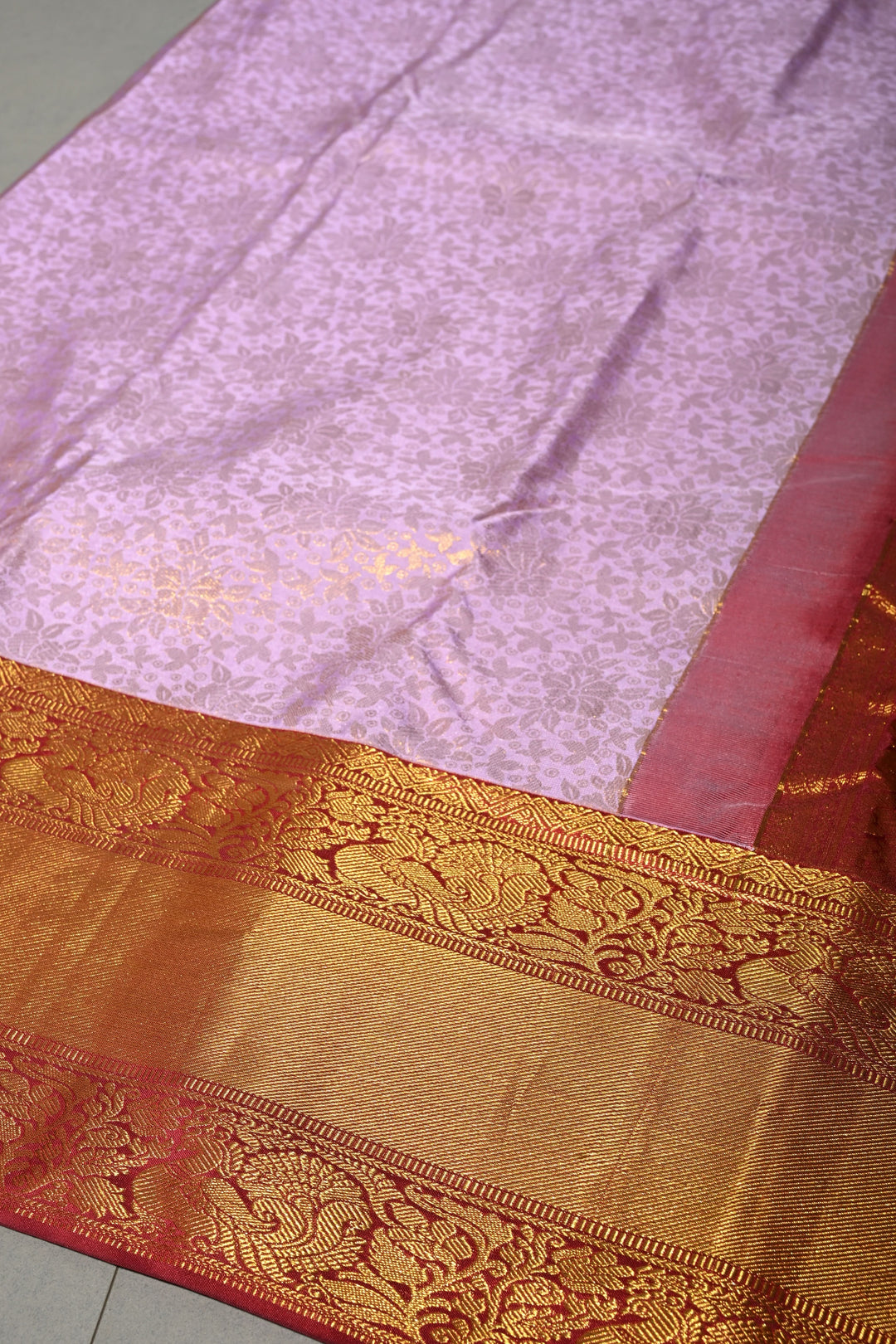 Lavender Kanjivaram Tissue Silk Saree with Meenakari Floral Brocade Jaal and Contrast Zari Border | SILK MARK CERTIFIED | SHOBITAM