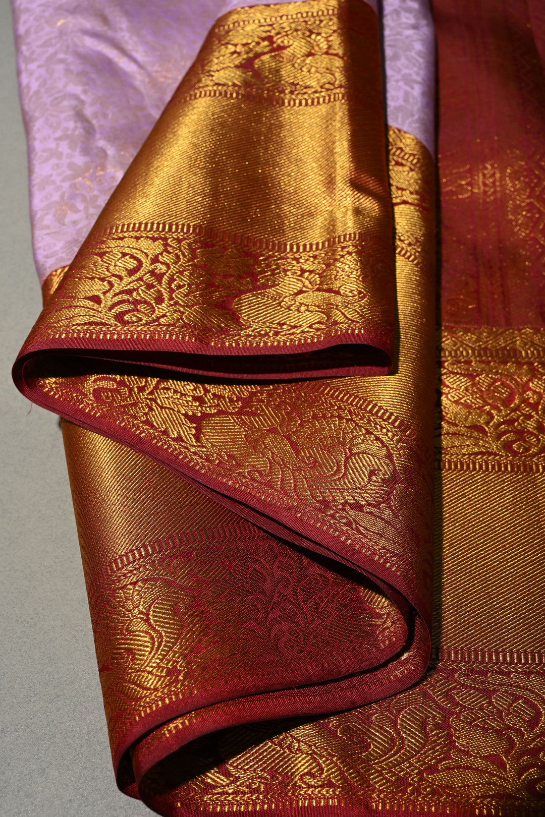 Lavender Kanjivaram Tissue Silk Saree with Meenakari Floral Brocade Jaal and Contrast Zari Border | SILK MARK CERTIFIED | SHOBITAM