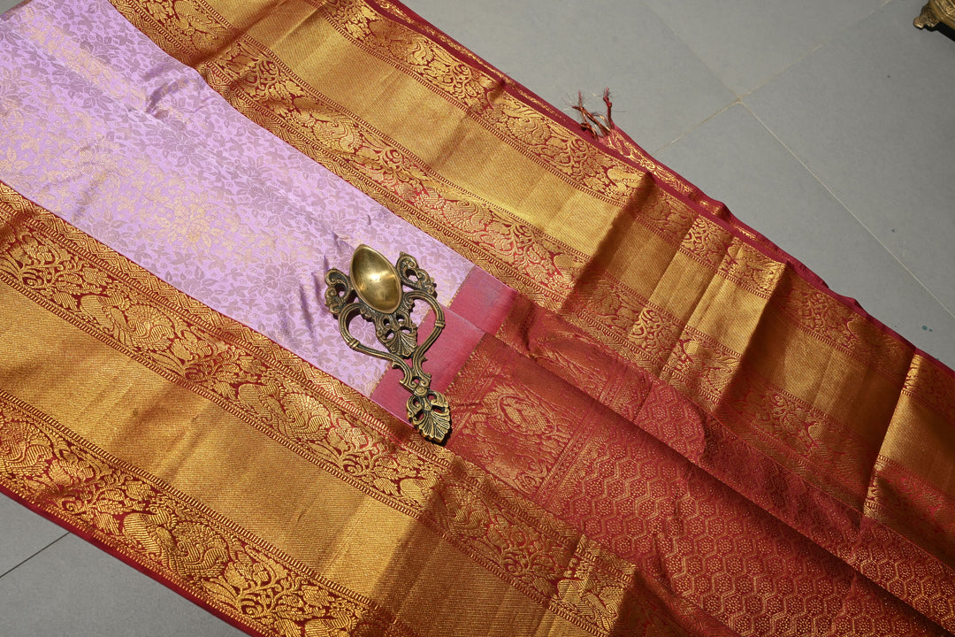 Lavender Kanjivaram Tissue Silk Saree with Meenakari Floral Brocade Jaal and Contrast Zari Border | SILK MARK CERTIFIED | SHOBITAM