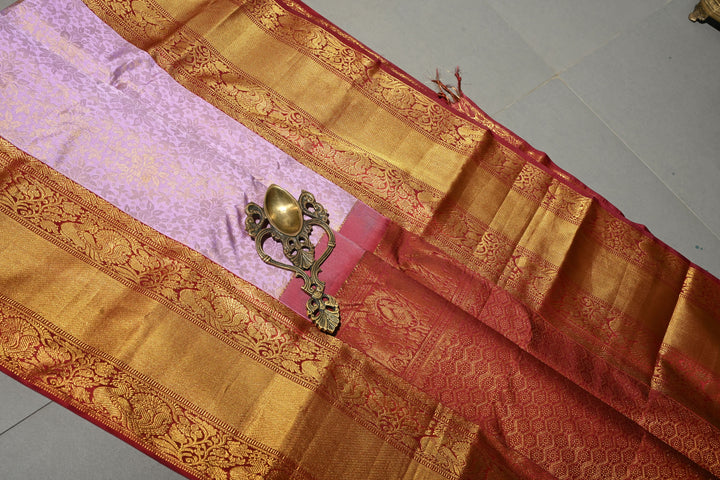 Lavender Kanjivaram Tissue Silk Saree with Meenakari Floral Brocade Jaal and Contrast Zari Border | SILK MARK CERTIFIED | SHOBITAM