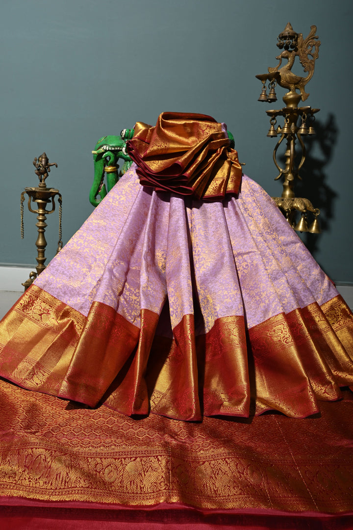Lavender Kanjivaram Tissue Silk Saree with Meenakari Floral Brocade Jaal and Contrast Zari Border | SILK MARK CERTIFIED | SHOBITAM