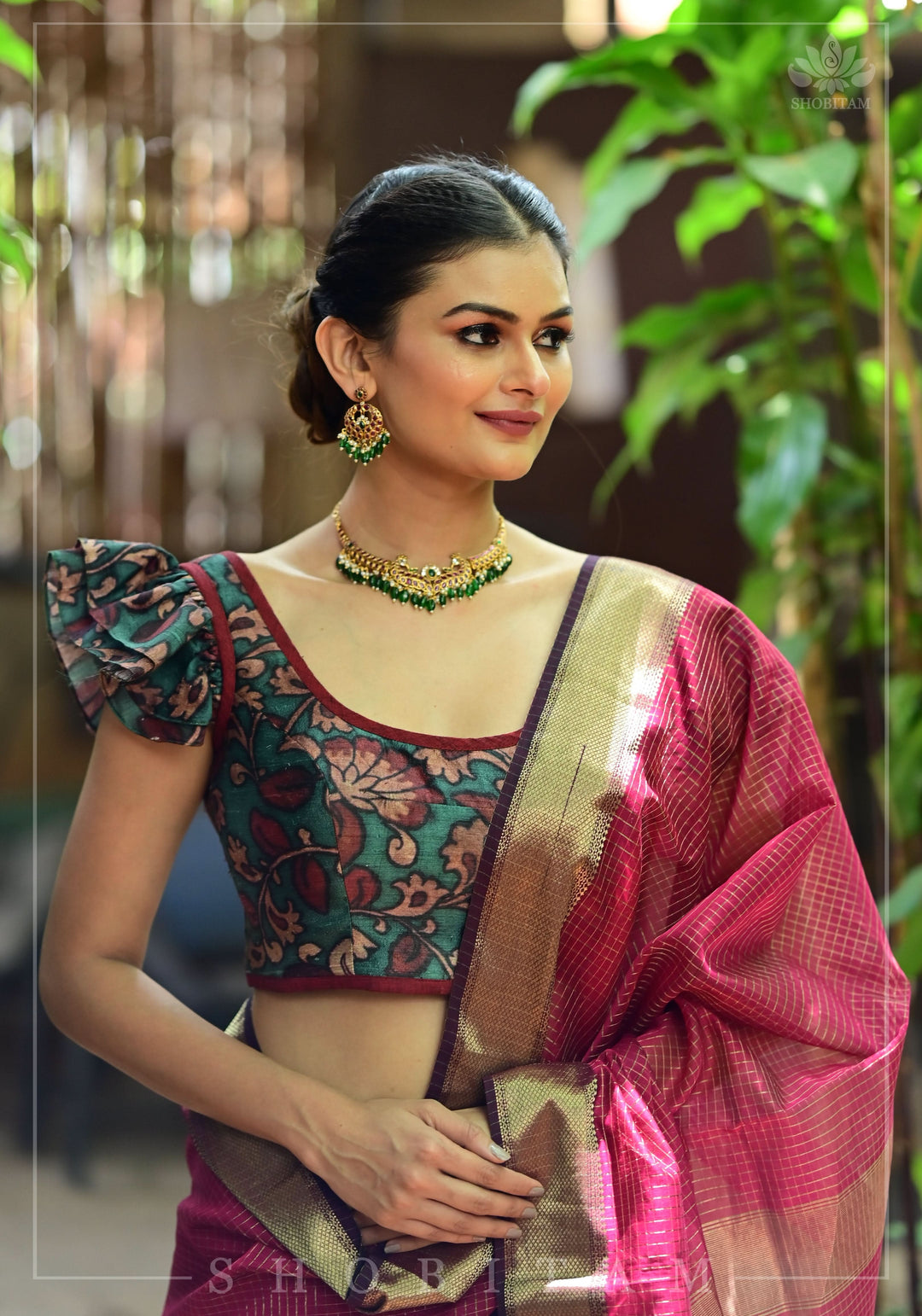 Grayish Teal Pure Raw Silk Blouse with Kalamkari Digital Print and Double Frill Sleeves