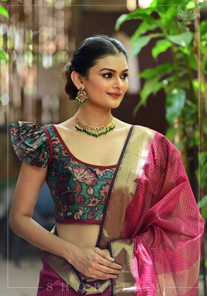 Grayish Teal Pure Raw Silk Blouse with Kalamkari Digital Print and Double Frill Sleeves