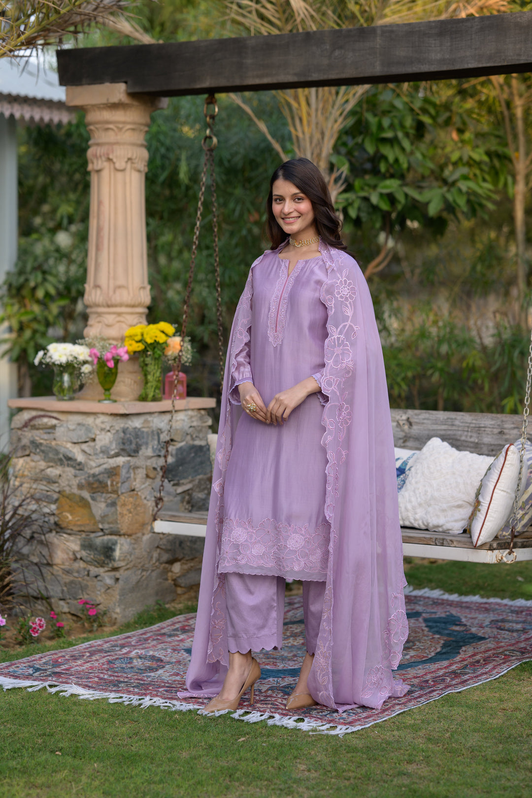 Lavender Pure Organza Cut and Scallope Work with Thread Hand Work Embroidered Details -SET OF-3 | SHOBITAM