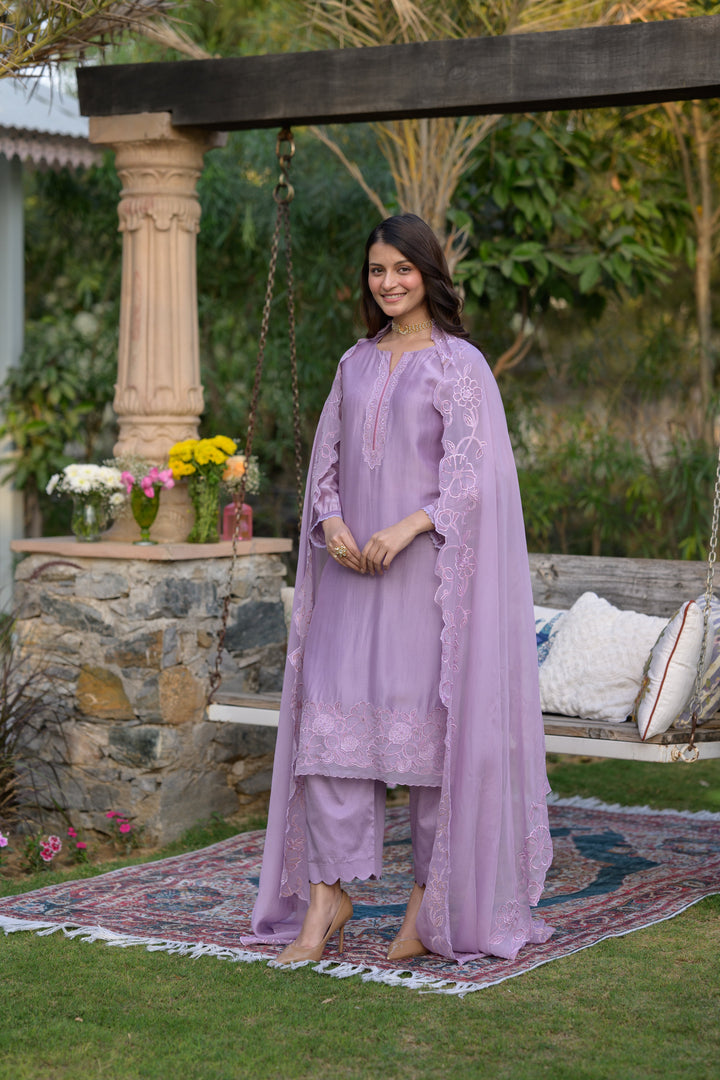 Lavender Pure Organza Cut and Scallope Work with Thread Hand Work Embroidered Details -SET OF-3 | SHOBITAM
