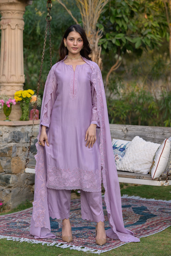 Lavender Pure Organza Cut and Scallope Work with Thread Hand Work Embroidered Details -SET OF-3 | SHOBITAM